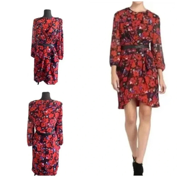 W118 Walter Baker Red Floral Print Sheath Dress Black Leather Waist Band - Picture 1 of 6